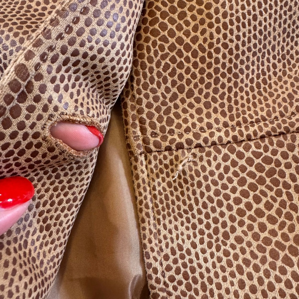 Faux Reptile Snakeskin Long Statement Coat Gold Buttons Brown Chic Sz M *FLAW - Picture 9 of 13